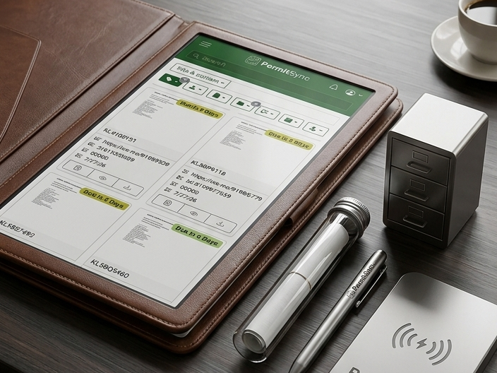 PermitSync running on a tablet, showing a list of parsed permit documents with expiry dates