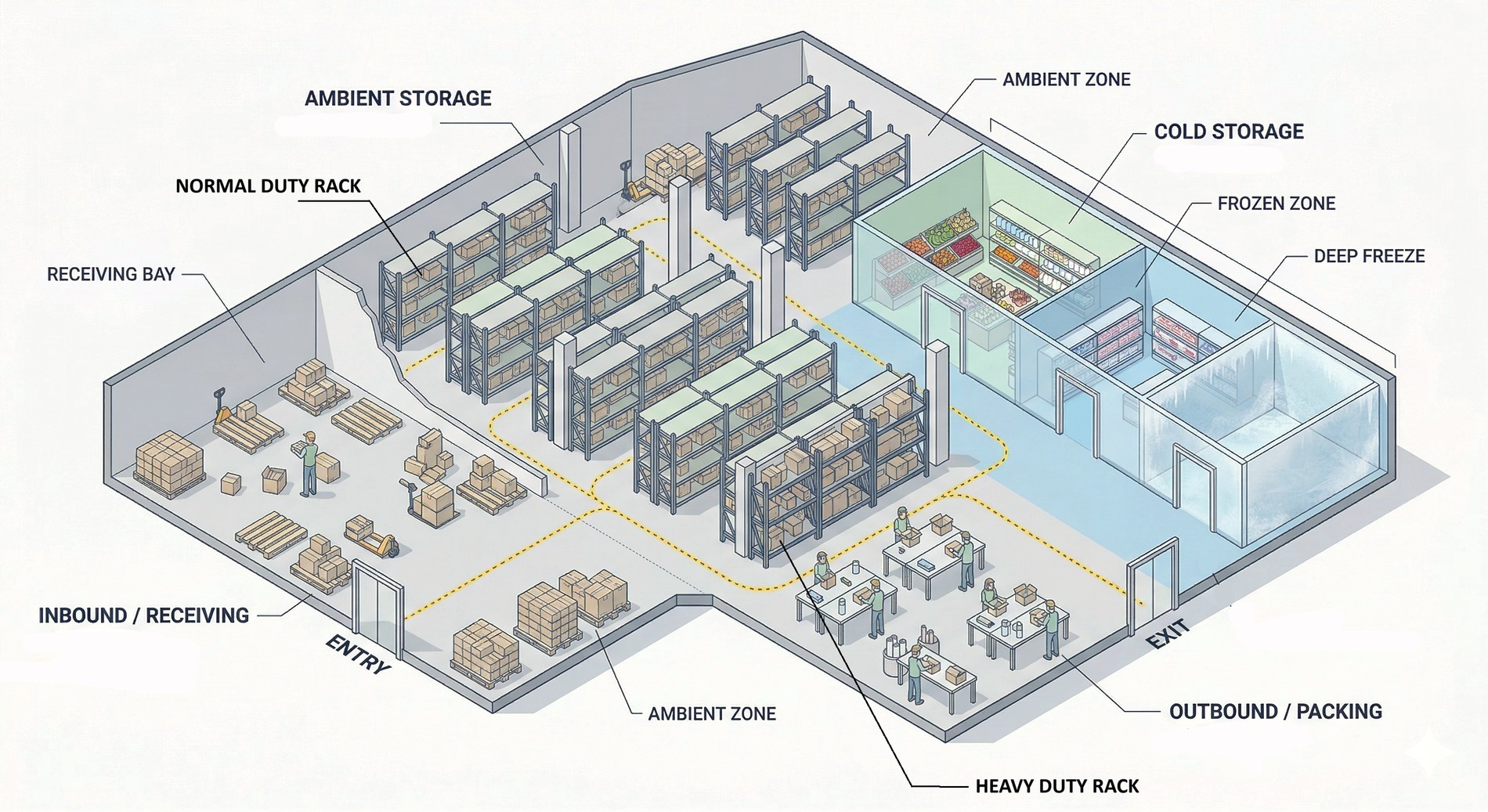Isometric cutaway of a warehouse showing receiving, ambient racking, cold storage and packing zones